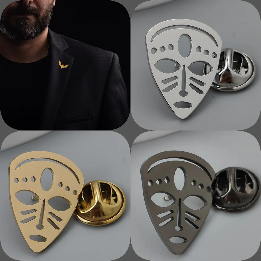 

Face mask gold-plated badge, men's collar brooch black, silver lapel pin, suit accessories set, branded men's gift