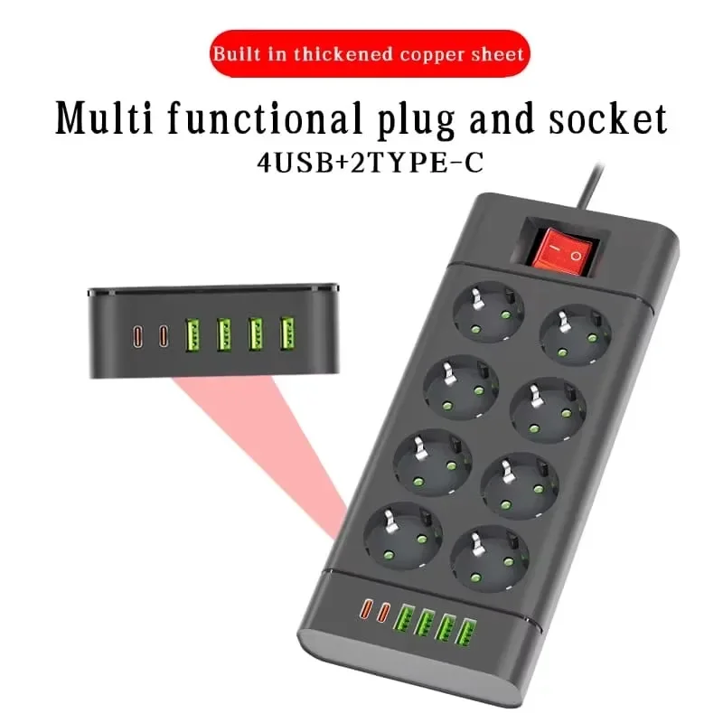 EU Plug Power Strip Outlet Extension Cord 6,8 or 10 Electrical Socket with 4 USB and 2 Type-C Ports Support 2500W Home Appliance view 4