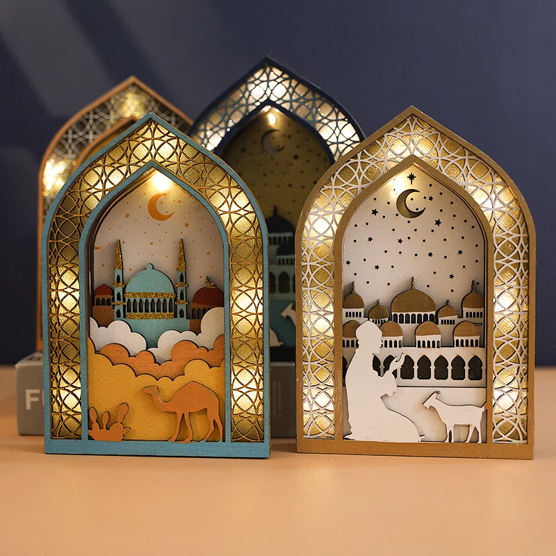 

Eid Mubark Wooden LED Light Ornament Ramadan Kareem Table Decoration For Home Islamic Muslim Festival Party Favor Decor Supplies