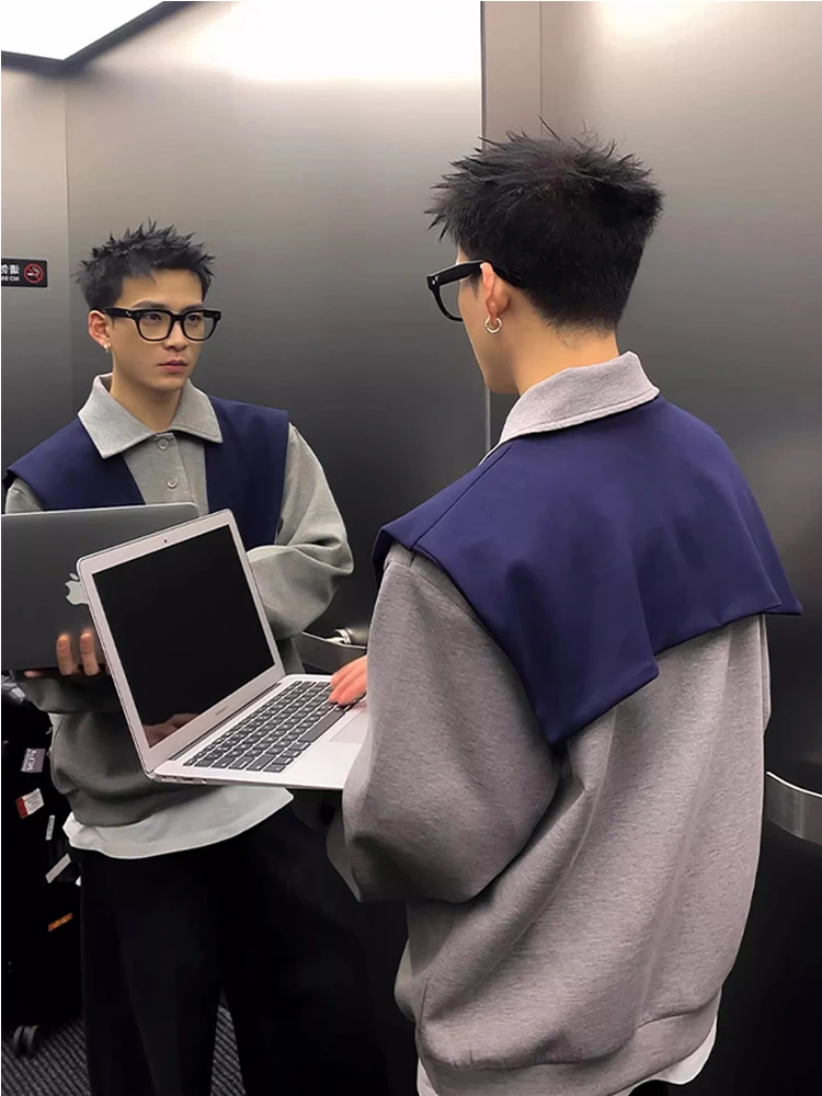 

Korean Sle Ins Detachable oulder Fake Two-Piece Men's Lazy Sle Loose Casual Hooded Sweatirt All Seasons Comfortable