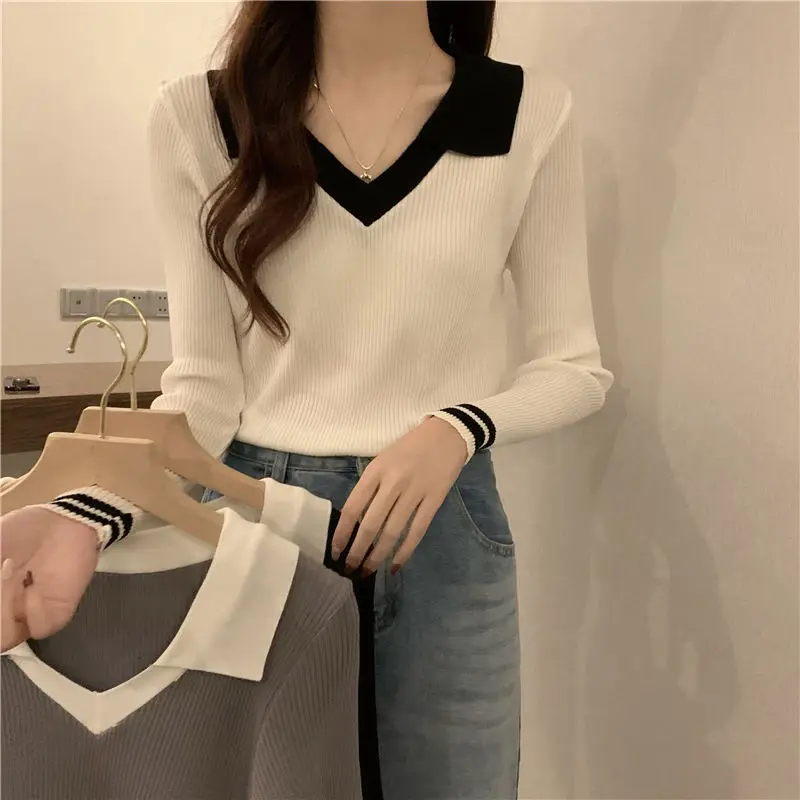 Women Clothing Elegant Sweet Solid Patchwork Sweaters Autumn Fashion All-match Long Sleeve Pullovers French Style Knit Slim Tops