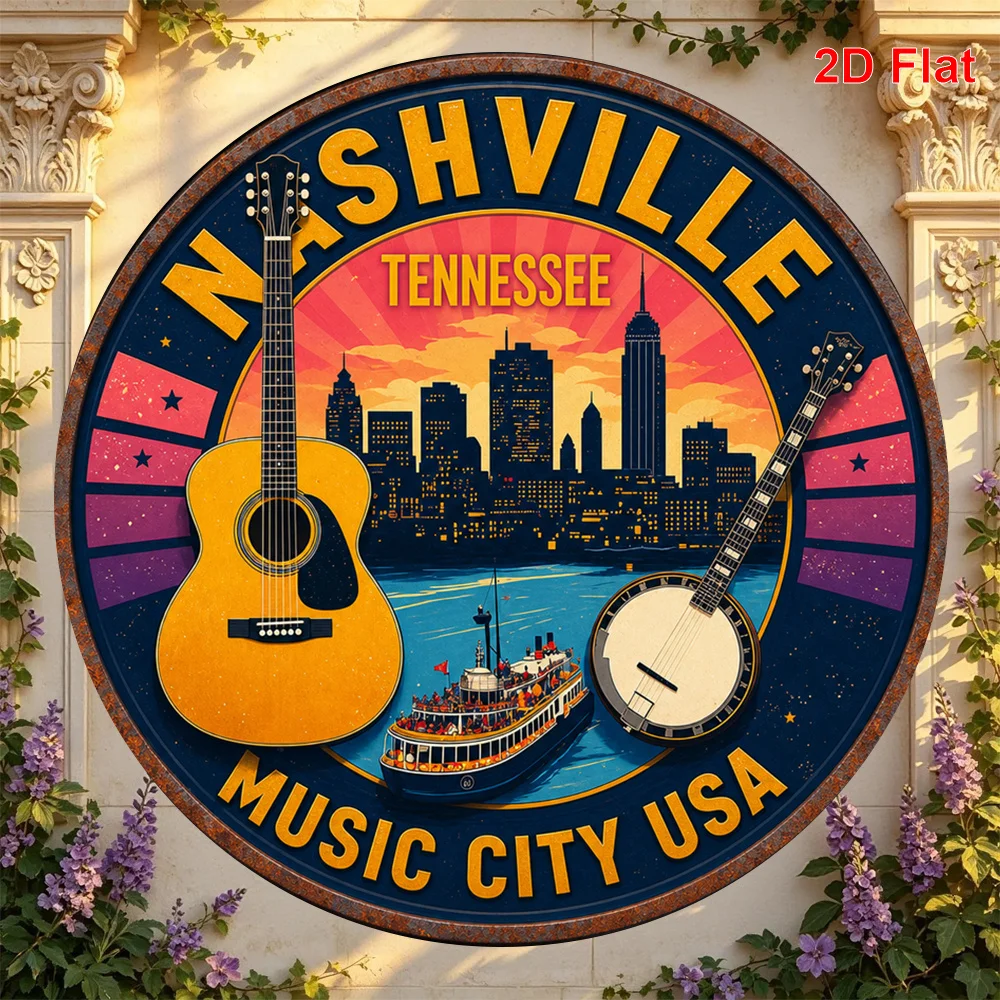 2D Flat - 【2D Flat】 2D Flat Print 1pc Metal Iron Sign.One Nashville Tennessee Music City US Pattern Metl Skin Sign Round Decorat