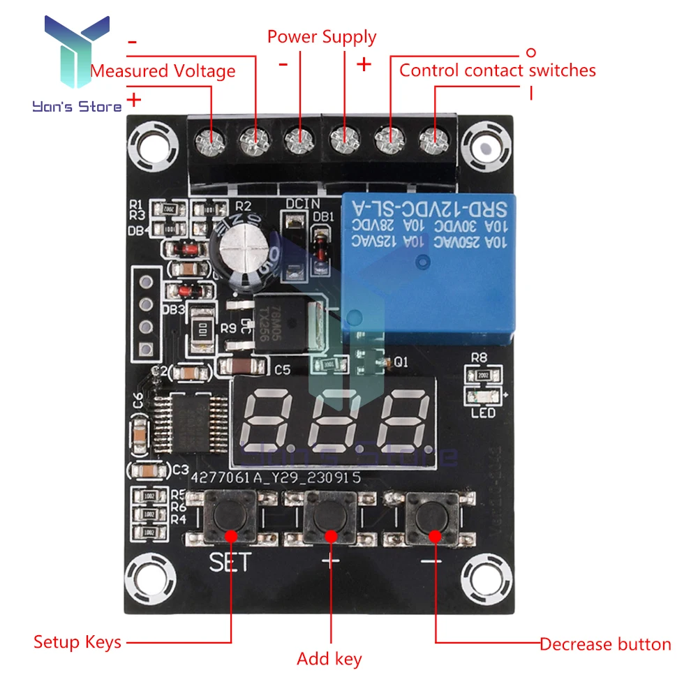 DC 7-9V 12V 24V Digital Voltage Control Relay Module Relay Switch Control Board LED Voltmeter Charging Discharge Monitor