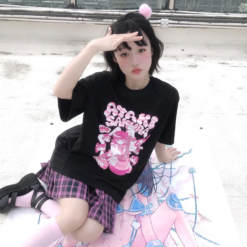 Y2k E-Girl Cartoon Anime Print Round Neck Loose Casual T-Shirt Women Summer Personalized Cool Short Sleeve Tee Casual Sport Tops