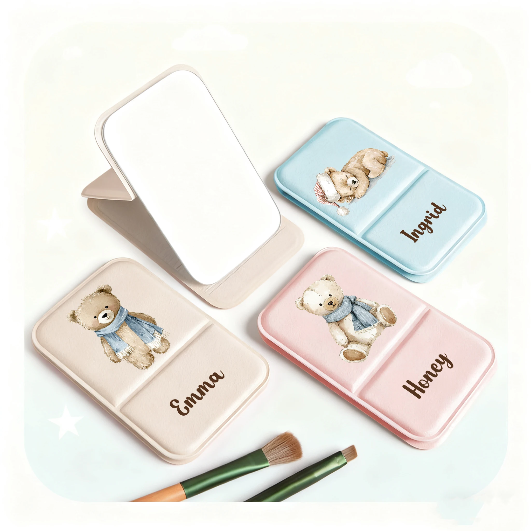 1pc Cartoon Baby Bear Customized Name Folding Mirror For Valentine Gift Sleeping bear Personalized Pocket Mirror Party Gift