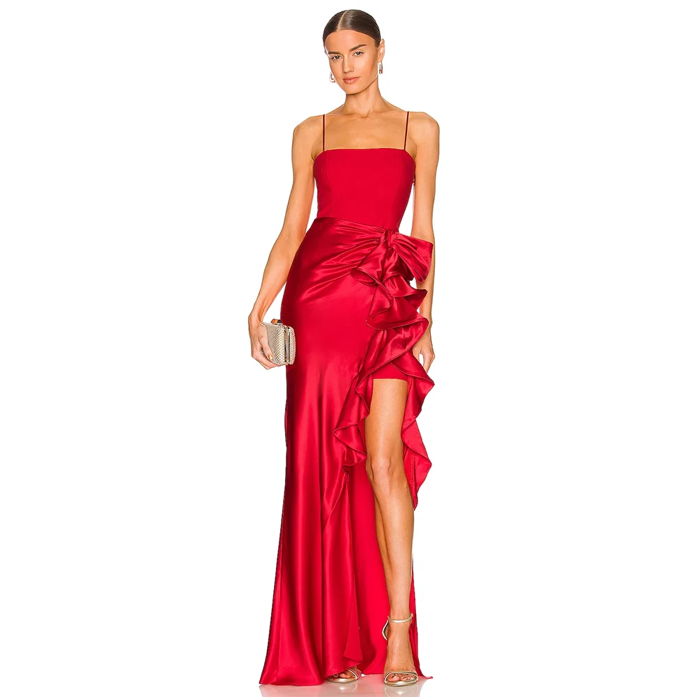 

Elegant Party Dresses for Women 2024 Taffeta Sheath/Column Valentine's Day Dress Jersey Red Spaghetti strap Ruffles Prom Gown