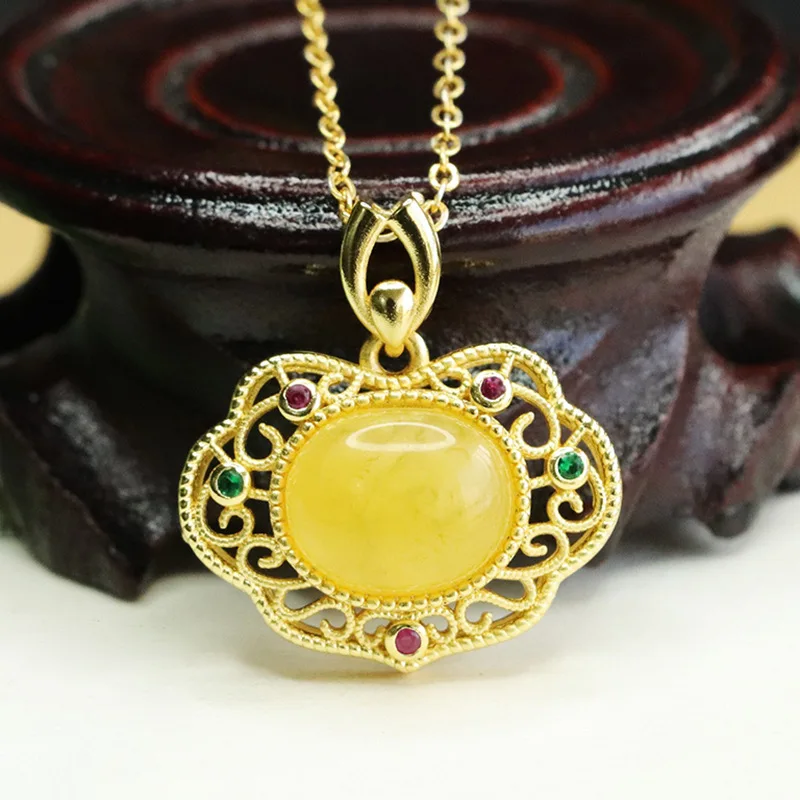 

Natural Amber Beeswax Pendant Yellow Honey Ruyi Necklace Women's Jewelry