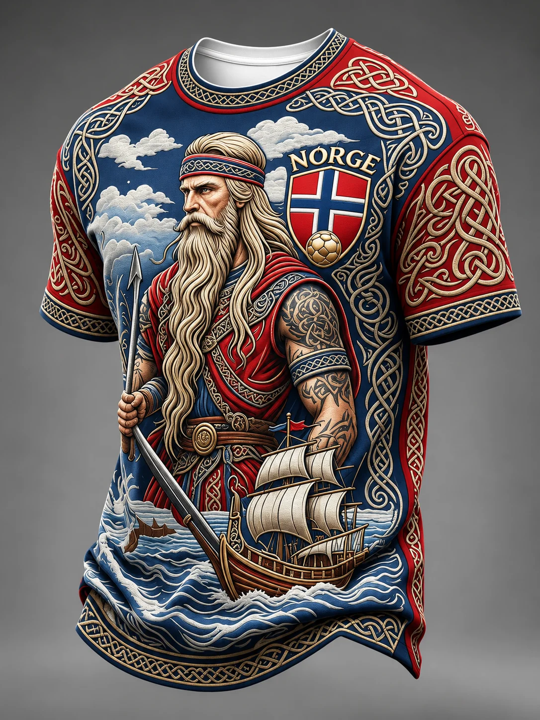 T-shirt de football unisexe à manches courtes, imprimé 3D, motif guerrier viking, vague de navire vintage, drapeau norvégien, écusson de football patriotique