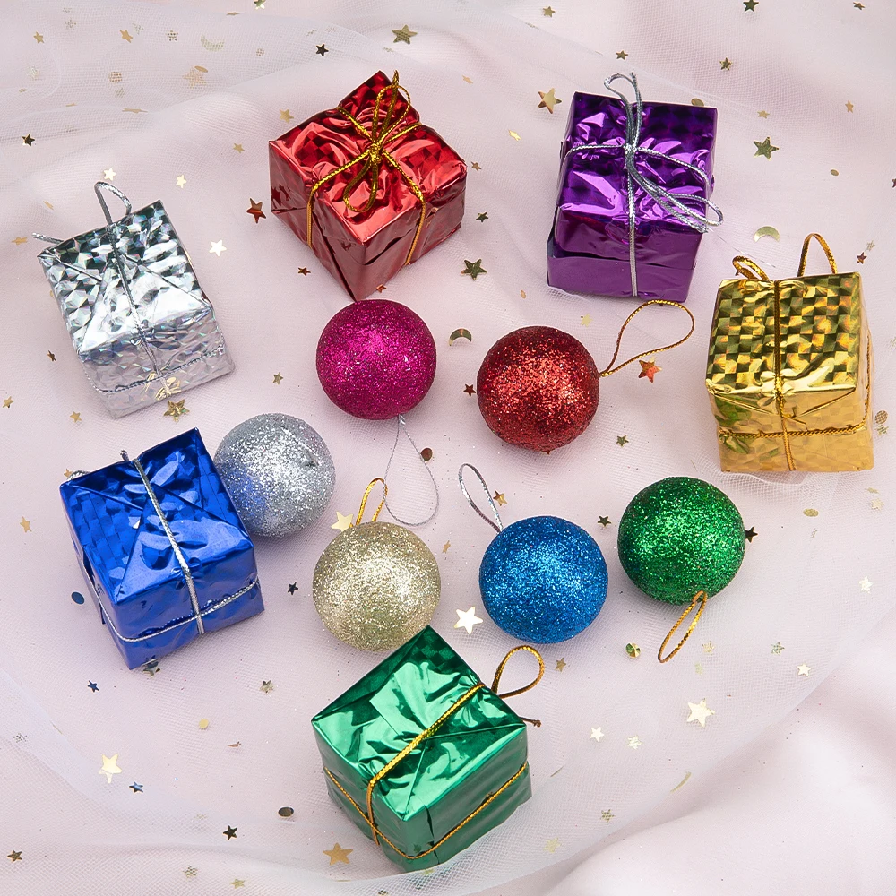 6pcs/lot Festival Colorful Ball Hanging Ornaments Laser Gift Box Decoration for Party Festival Props Decoration Accessories