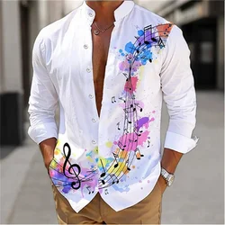 Summer 2024 Men's Shirt Long Sleeve Music Note 3D Printed Stand Collar Single Breasted Cardigan Hawaiian Casual Men's Shirt 6XL