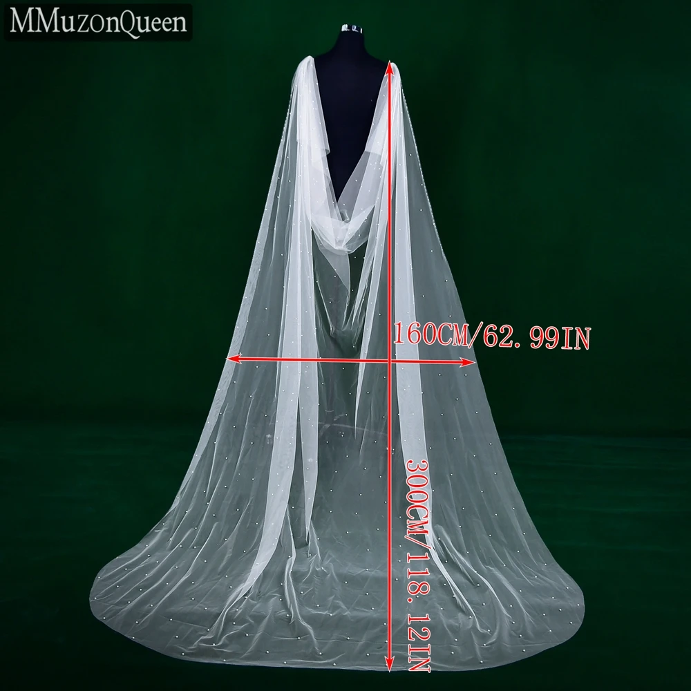 MMQ MG38 Long Pearls Bridal Shawl Cathedral Wedding Beaded Cloak Tulle Bride Dress Cape Woman Wedding Accessory DIY Customizable