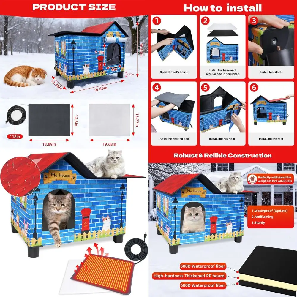 

Weather-Resistant Outdoor Heated Cat Shelter for Stray Felines, Easy Setup, Insulated Pad, Escape Hatches, Colorful Design