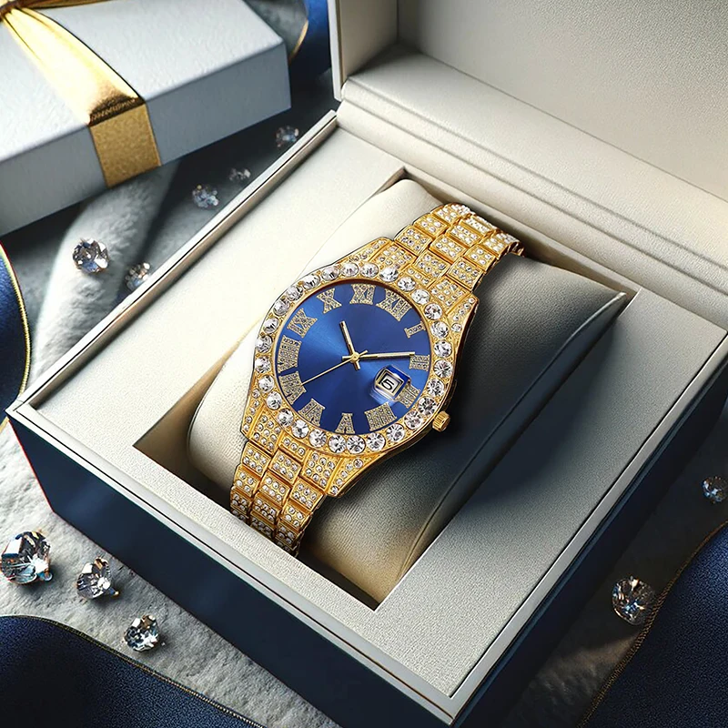 

Мужские повседневные кварцевые часы с бриллиантовым календарем, синим циферблатом и золотым стальным ремешком.