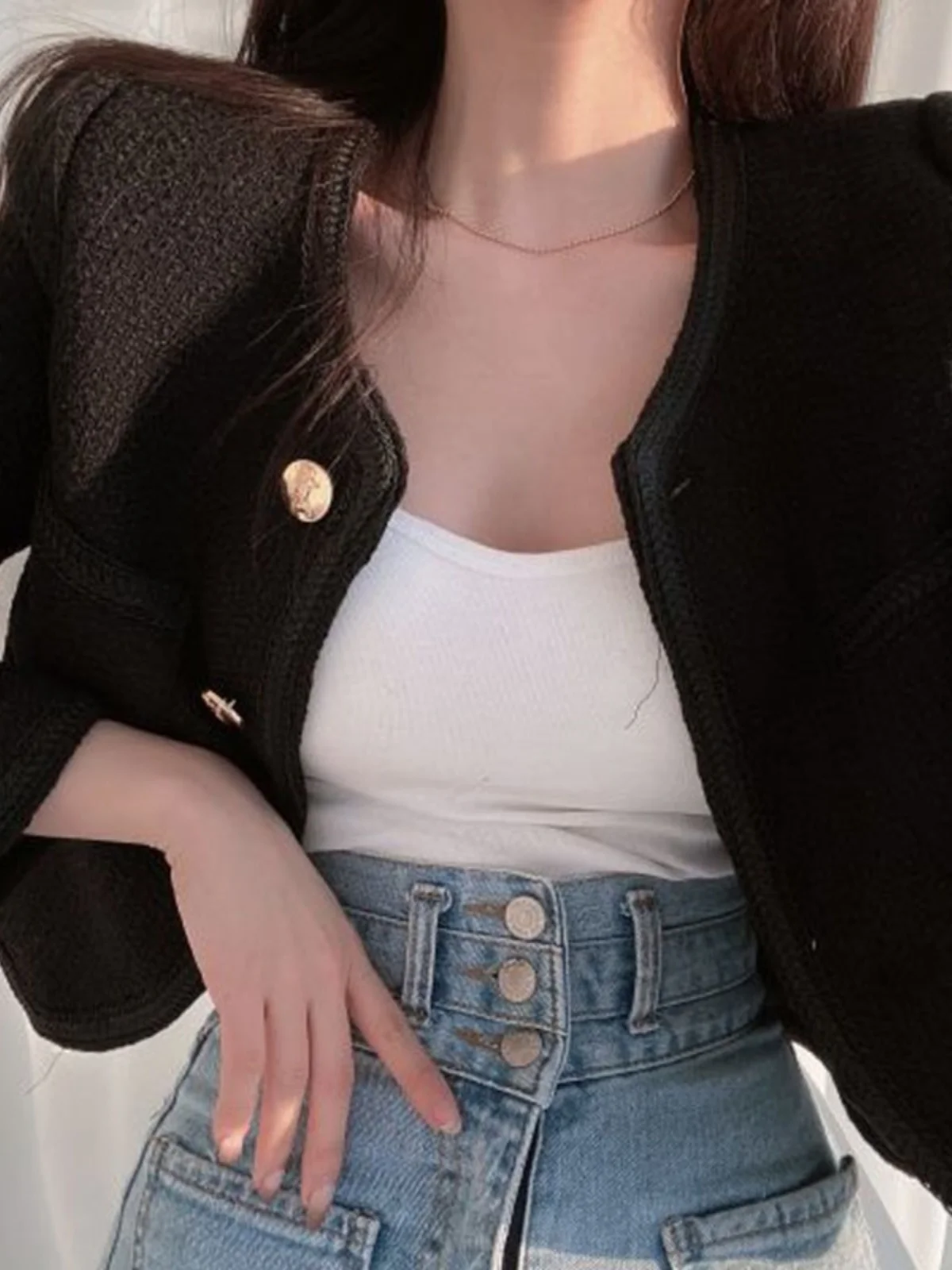 Chic Short Coat Women's round Neck Single Button Design Coarse Tweed Top Spring 2023 Commute Style Loose Fit Long Sleeve