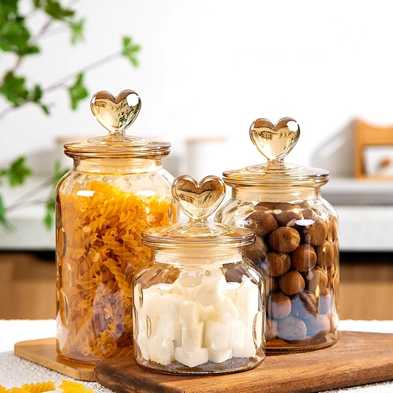 European Style Amber Love Glass Jar Moisture-proof Sealed Food Tea Can Nut Candy Jar Kitchen Storage Container Home Decoration