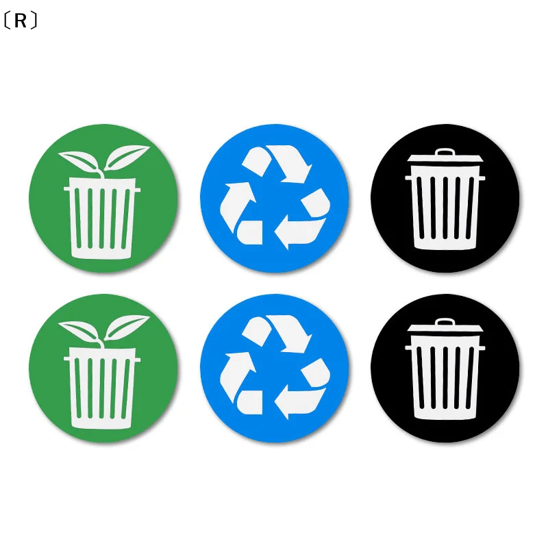 〔R〕6pcs Diameter 10CM PVC Recycle Trash Bin Sticker Vinyl Stickers Decals For Label Bins Containers Garbage Cans Home Decor