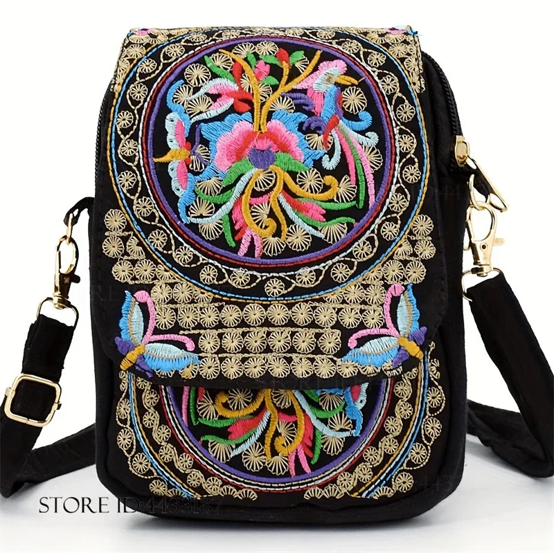 Travel Bags Ethnic Style Purses Stylish Women's Embroidered Flowers Handbag Shoulder Crossbody Bag with Zipper Small Canvas