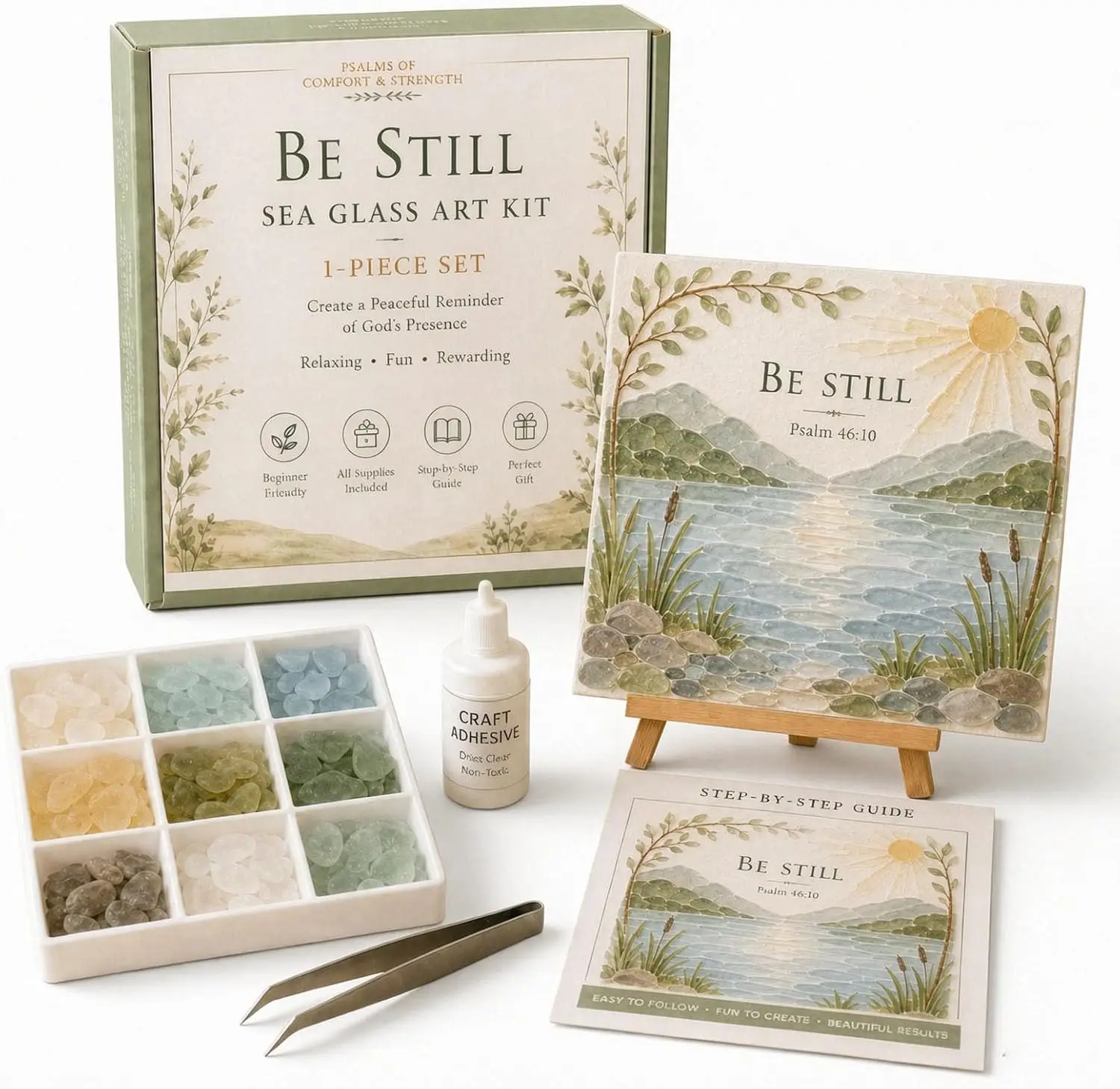 Psalms of Comfort & Strength Sea Glass Art Kit, Christian DIY Craft Kit with Inspirational Bible Design Religious Gift for Women