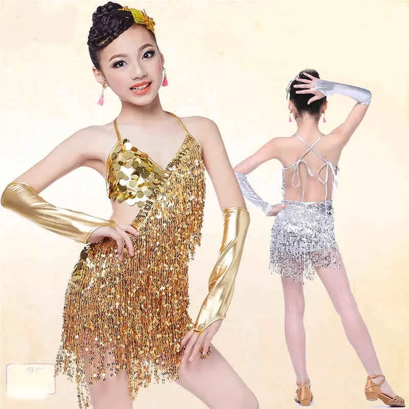 

Sequin Fringe Dress Dance Gold Latin Competition Costumes for Girls Salsa Dresses with Tassels Samba Clothing Children Ballroom