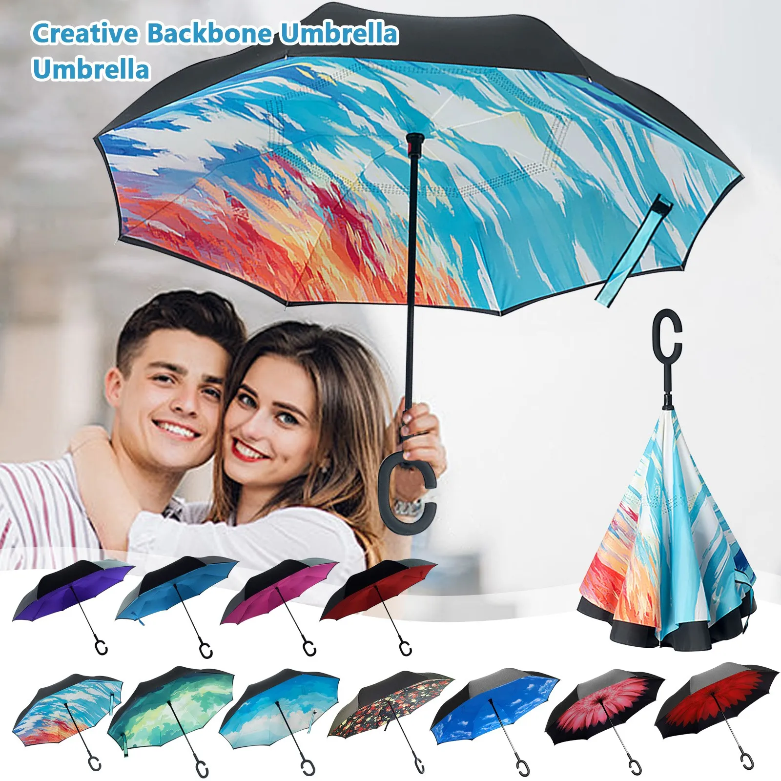 C Handle Windproof Reverse Folding Umbrella Man Women Sun Rain Car Inverted Umbrellas Double Layer Anti Uv Self Stand Parapluie