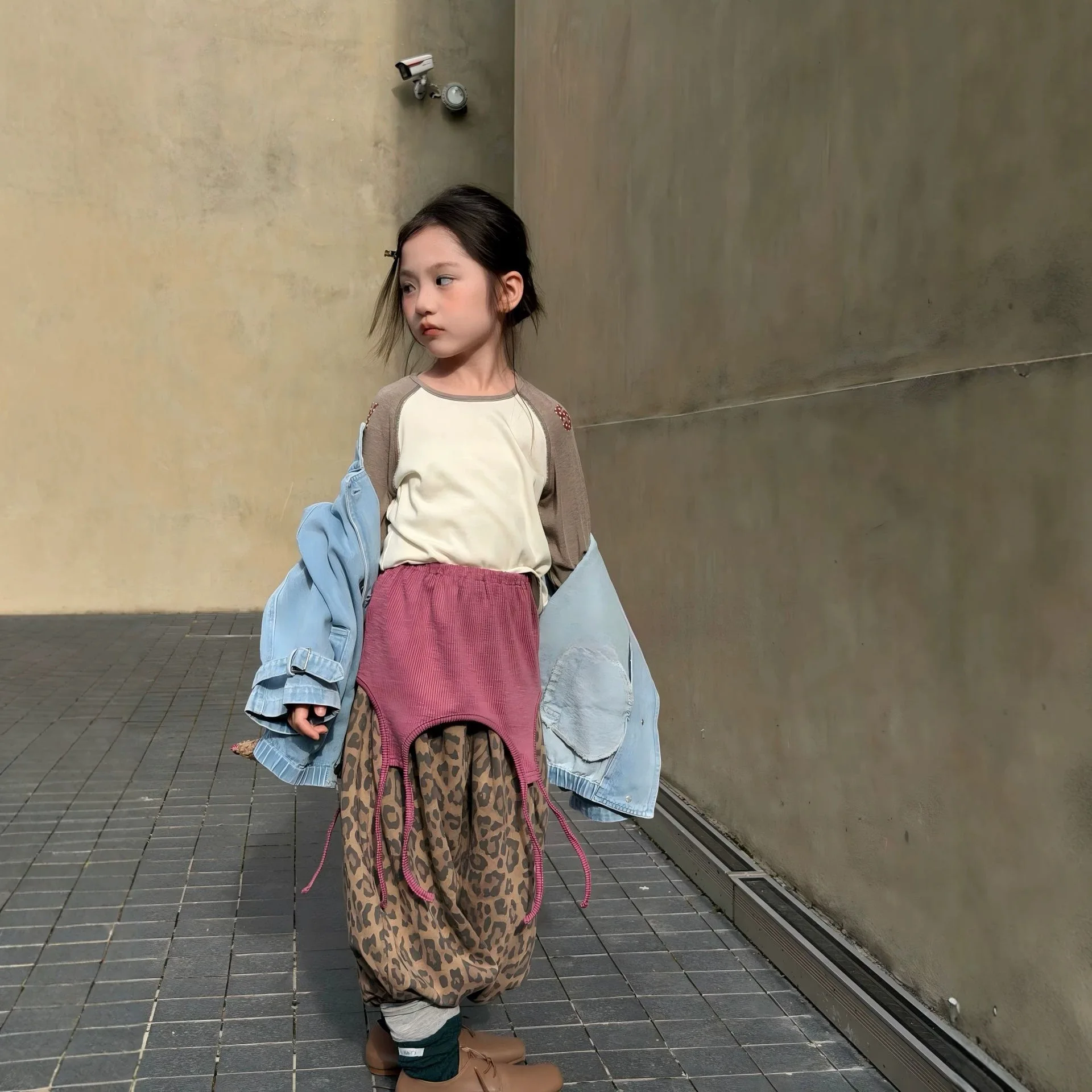 Boys Girls Versatile Casual Old Money Style Double Breasted Denim Jacket + Leopard Wide Leg Pants + Inner Set