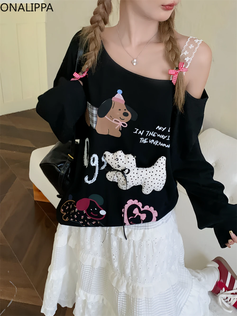 Onalippa Kawaii Dog Printing Sweatshirt Off-shoulder Patchwork Long Sleeves Oversized T Shirts Korean Chic Contrast Pullover