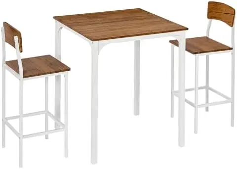 3-Piece Counter Height Bar Table Set, Industrial Kitchen Dining Set for 2, Walnut and White