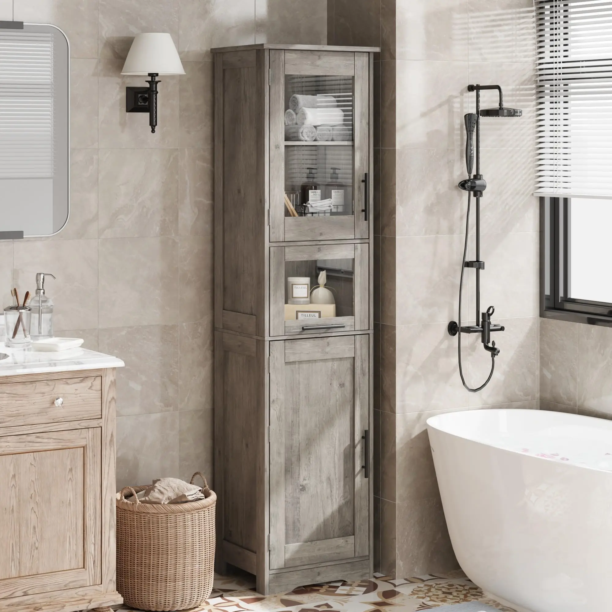 Mobile da bagno alto 170 cm, con due ante, un cassetto e ripiani regolabili, mobile contenitore sottile in MDF, ideale per il bagno o il soggiorno.