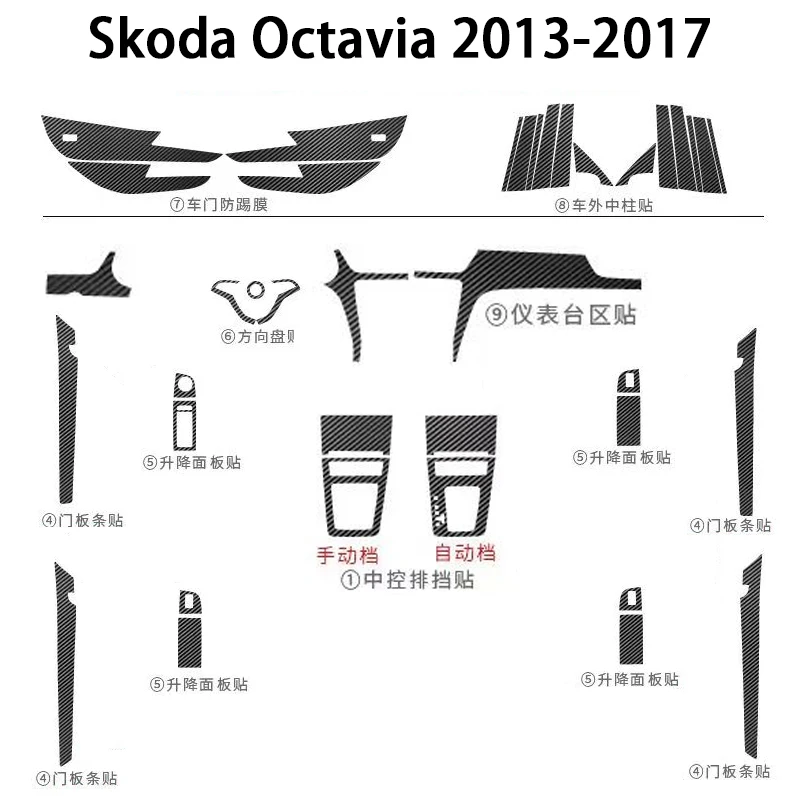 옥타비아 인테리어 스티커에 적합, 탄소 섬유 수정 필름, 스코다 옥타비아 2013-2017 용 중앙 제어 기어 시프트