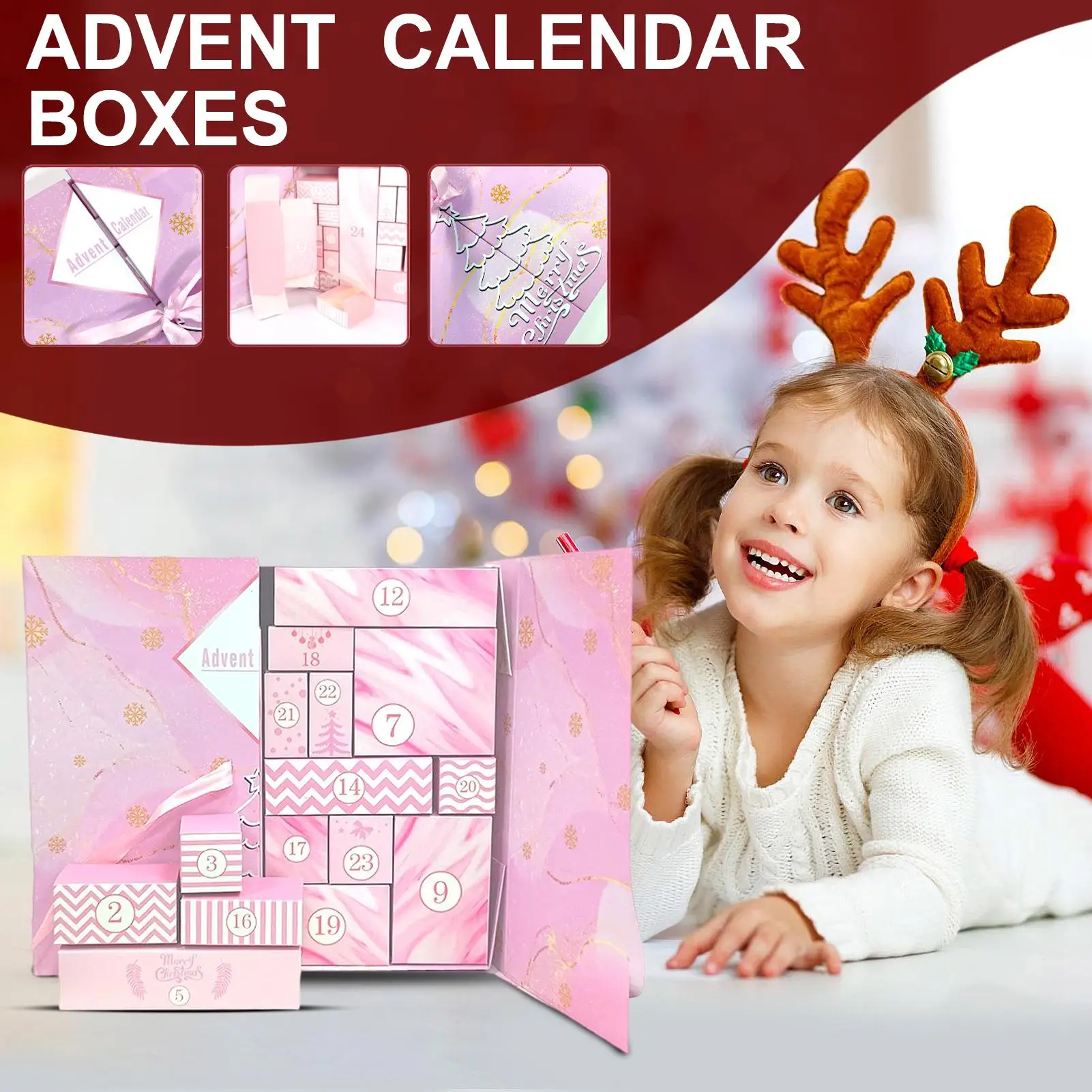 Weihnachts-Adventskalender mit 24 faltbaren rosa Geschenkboxen aus Pappe, leerer Weihnachts-Countdown-Kalender zum Befüllen der Advent-Aufbewahrung