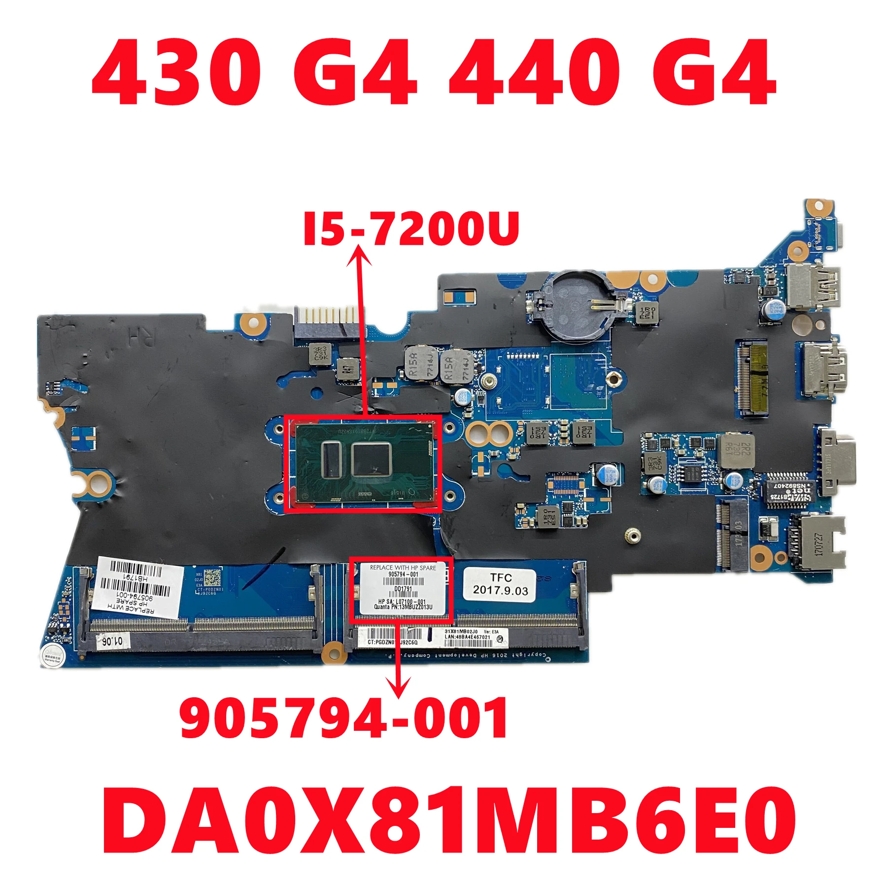 905794-001 DA0X81MB6E0 Mainboard For HP ProBook 430 G4 440 G4 Laptop Motherboard With I5-7200U CPU DDR4 UMA 100% Tested OK