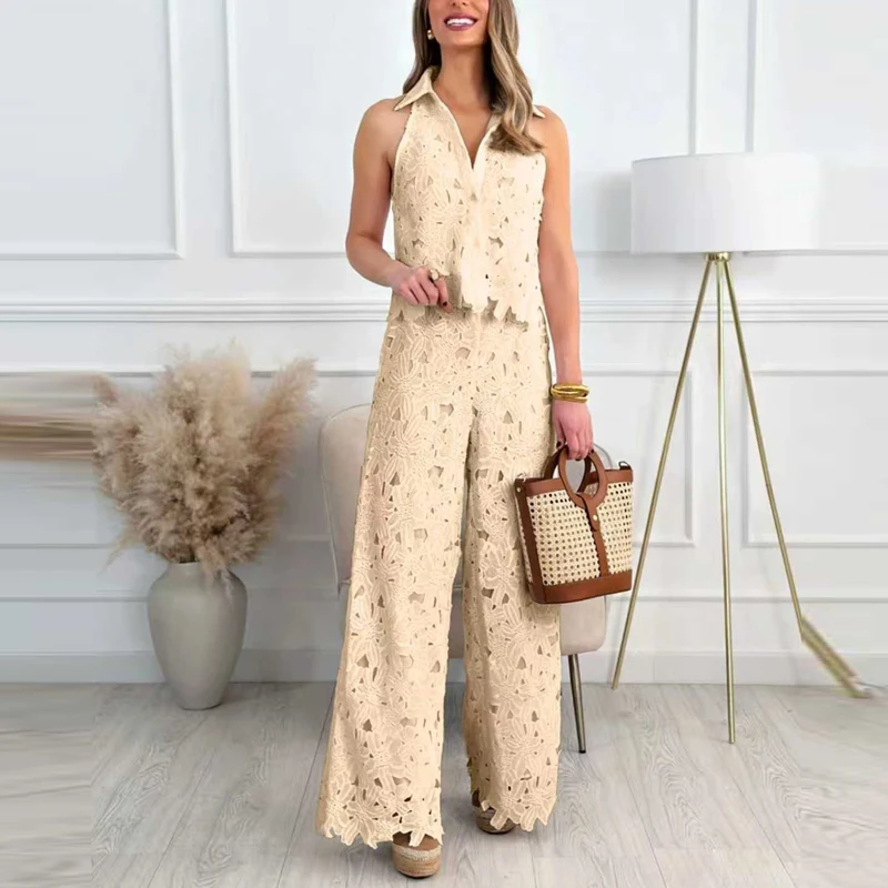 

Woman Sexy Embroidered Hollow Vest Top & Wide-leg Straight Trousers Suit Summer Elegant Lace Casual Pants Set Woman Clothing New