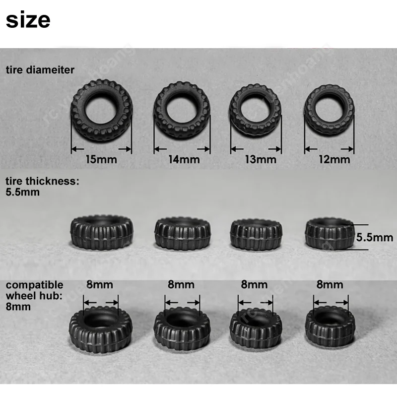 4PCS Diameter 12mm/13mm/14mm/15mm Rubber Off-Road Tire Model 5.5mm Thickness Tires for 1/64 Scale Car Model 8mm Wheel Hub