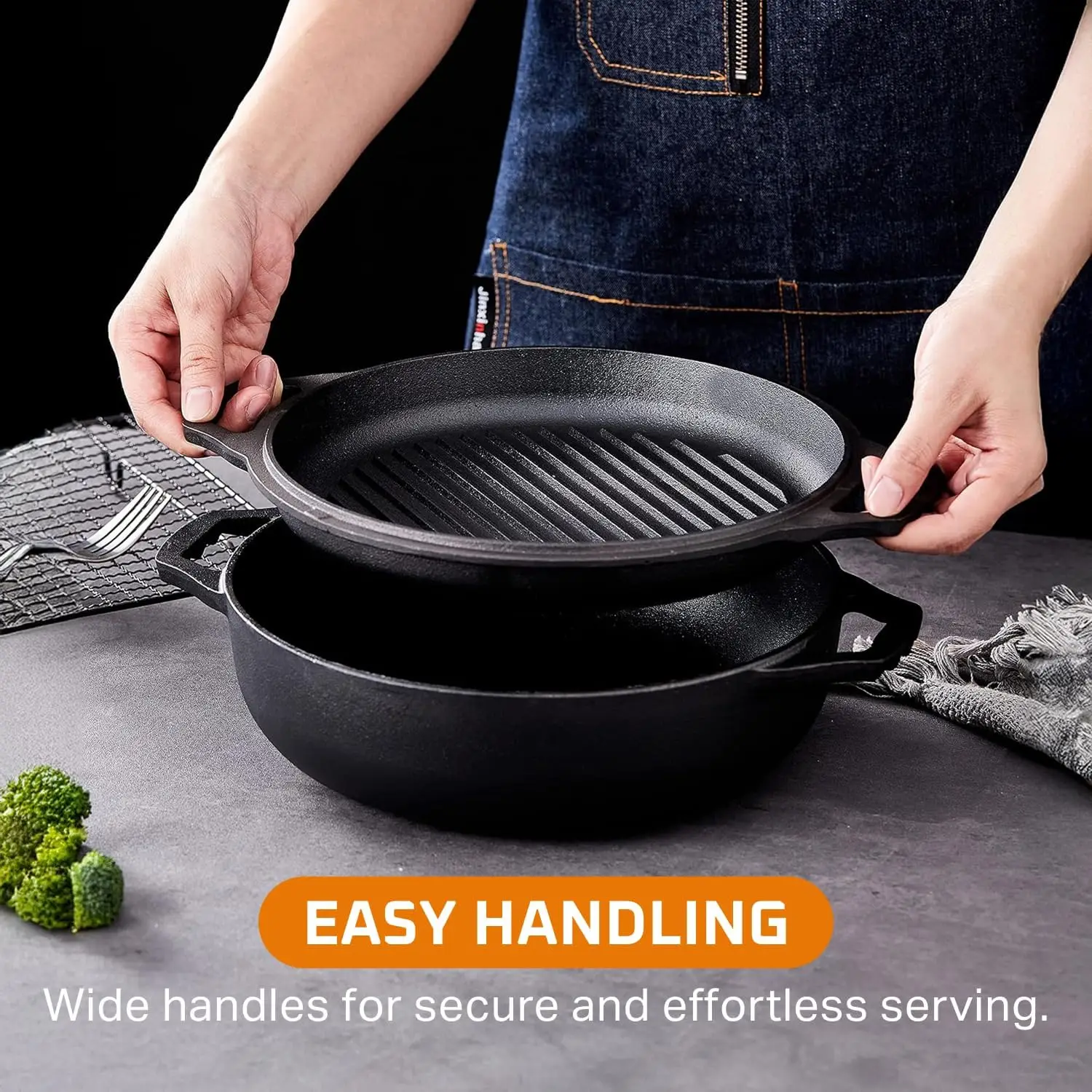 2-in-1 Pre-Seasoned Cast Iron Dutch Oven, 3.3 Qt, Oven-Safe Gumbo Pot with Grill Lid, Dual Handles, Black