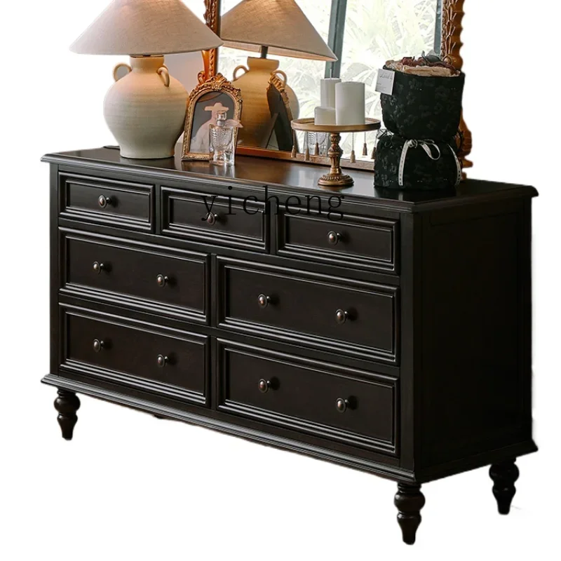 

ZK Vintage Solid Wood Chest of Drawers Living Room Black Seven Buckets Kitchen Sideboard Cabinet Bedroom Storage Cabinet