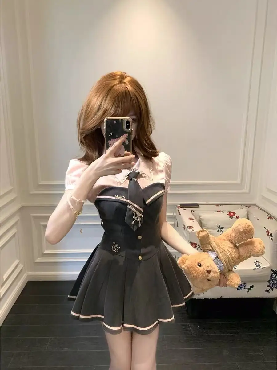 الصيف الكورية خمر الحلو Preppy نمط 2 قطعة مجموعة المرأة نفخة كم قميص + المرقعة مطوي صديرية دائرية فستان Y2K 2000s مجموعة