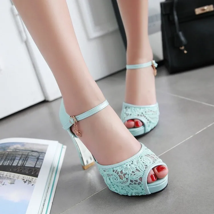 Lace Denim Women's High Heel Sandals Large Size Suit Female Beige Summer Shoes Shallow Mouth Open Toe High-heeled Comfort Fashio