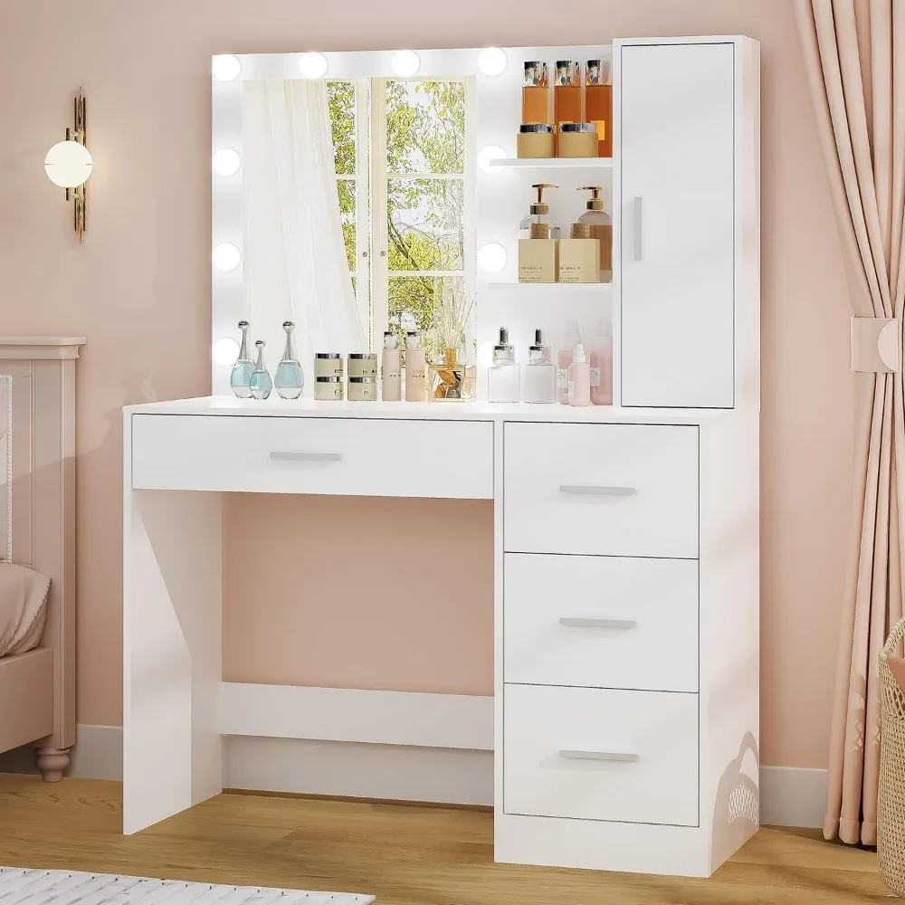 Usikey Makeup Vanity with Lights, Vanity Desk with Mirror and 10 LED Lights, Vanity Table Set with 4 Drawers, Cabinet & 4 Neckla