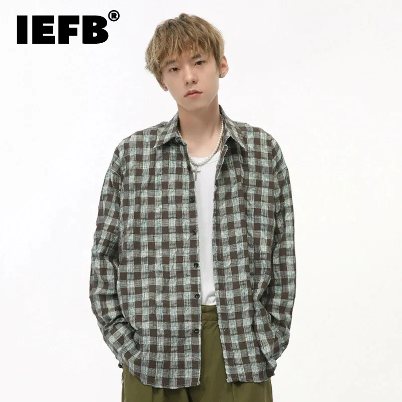 

IEFB Niche Design Men's Shirts Plaid Pleated Casual Loose Menswear Turn-down Collar Long Sleeve Single Breasted Male Tops 9C7591