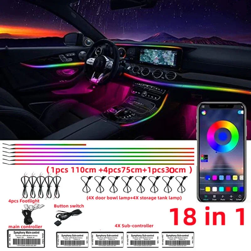 18 In 1 Full Color Streamer Car Ambient Lights RGB 64 Color Universal LED Interior Hidden Acrylic Strip Symphony Atmosphere Lamp