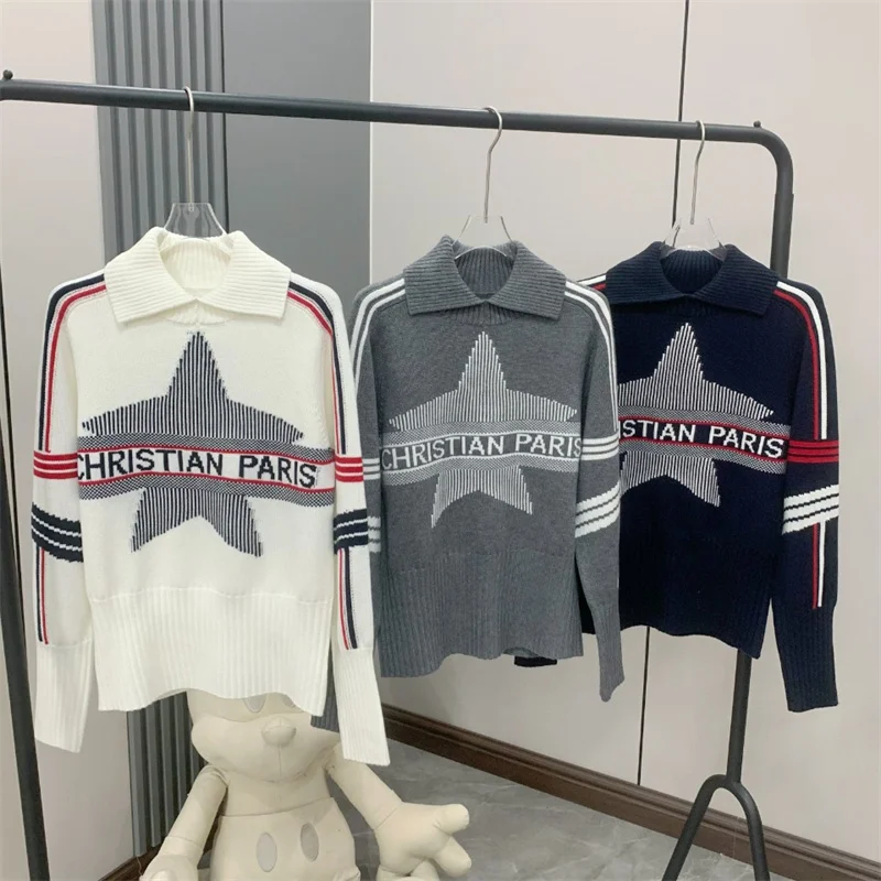 Women's Collared Knitted Sweater Letter Embroidery Star Pattern Base irt Autumn Winter Faion Trendy Color Blo Top