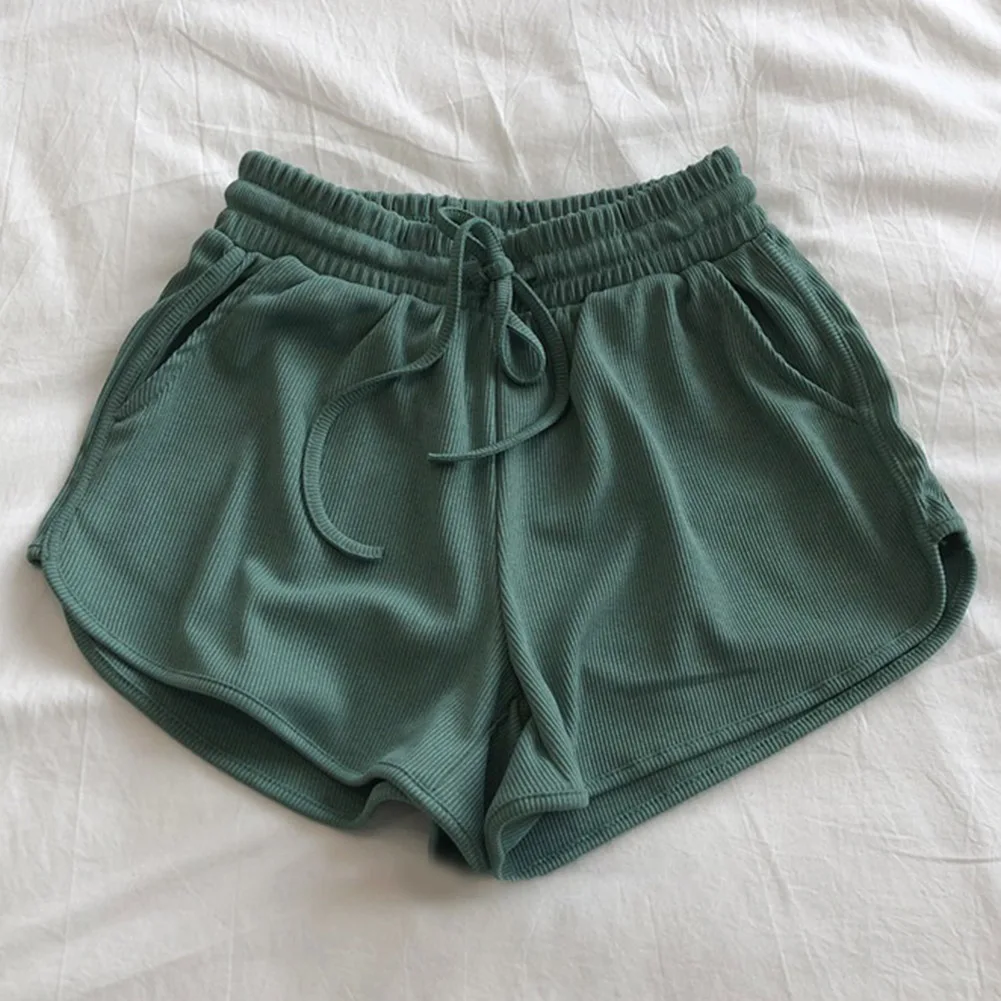 Cómodos pantalones cortos de pierna ancha de color sólido para mujer con detalle de cordones y material de hilo de seda helada para uso en primavera al invierno