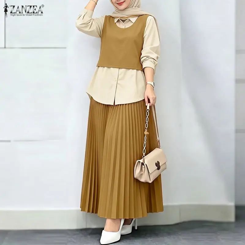 

ZANZEA Fashion Muslim Sets Women Long Sleeve Patchwork Shirt Maxi Long Skirt Suit Hijab 2 Piece Sets Eid Mubarek Ramadan Outfits