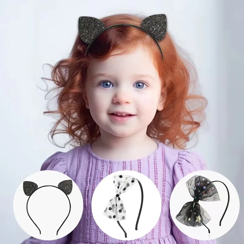 

3 шт., повязка на голову в горошек со звездами на Хэллоуин, черная тюлевая повязка на голову принцессы, детские аксессуары для волос с кошачьими ушками