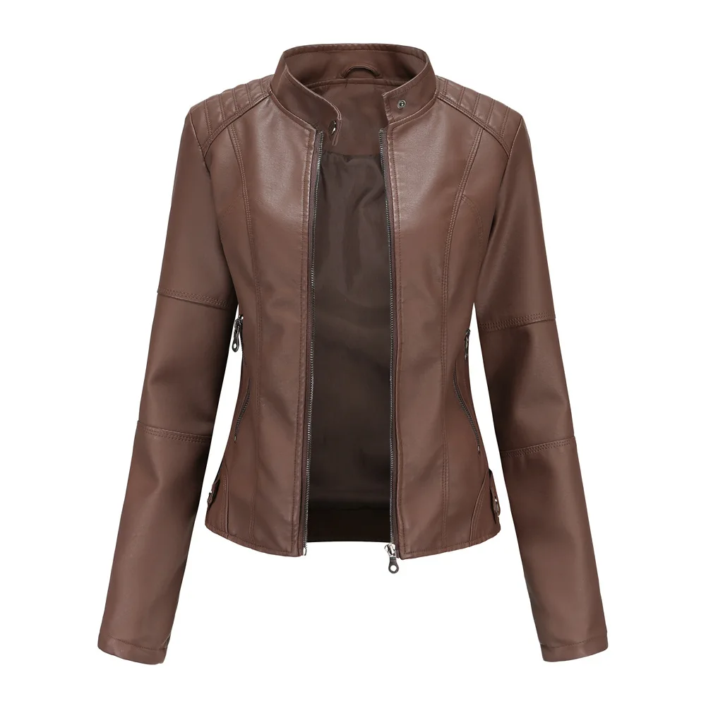 Leather Jacket Women  Autumn Spring Women's Moto Biker Zipper Jacket Red Black Apricot Coffee Coat Ladies Outerwear Brown
