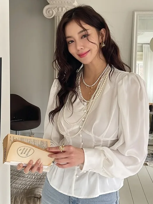 우아한 봄 시크 여성 셔츠 V넥 퍼프 소매 허리 조임 플리츠 슬리밍 버튼 디테일 플로럴 레이스 트림