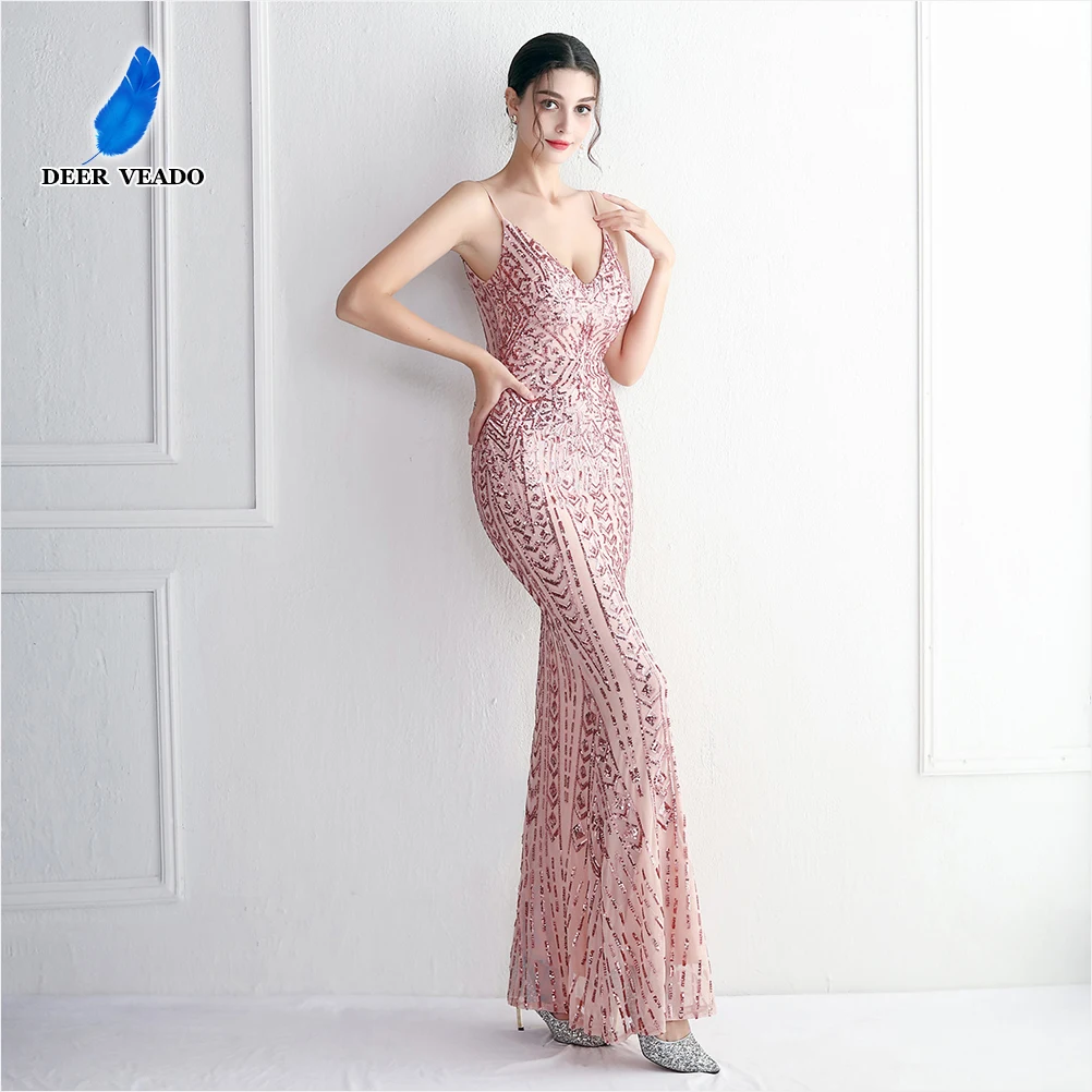 

DEERVEADO 10 Colors Mermaid V Neck Sequins Evening Party Dresses for Woman Sexy Strap Wedding Party Dress Special Occasion Dress