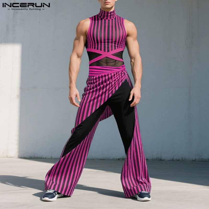 

INCERUN Men Sets Striped Mesh Patchwork Sexy See Through Sleeveless Tank Tops & Pants 2PCS Streetwear 2025 Fashion Men's Suits