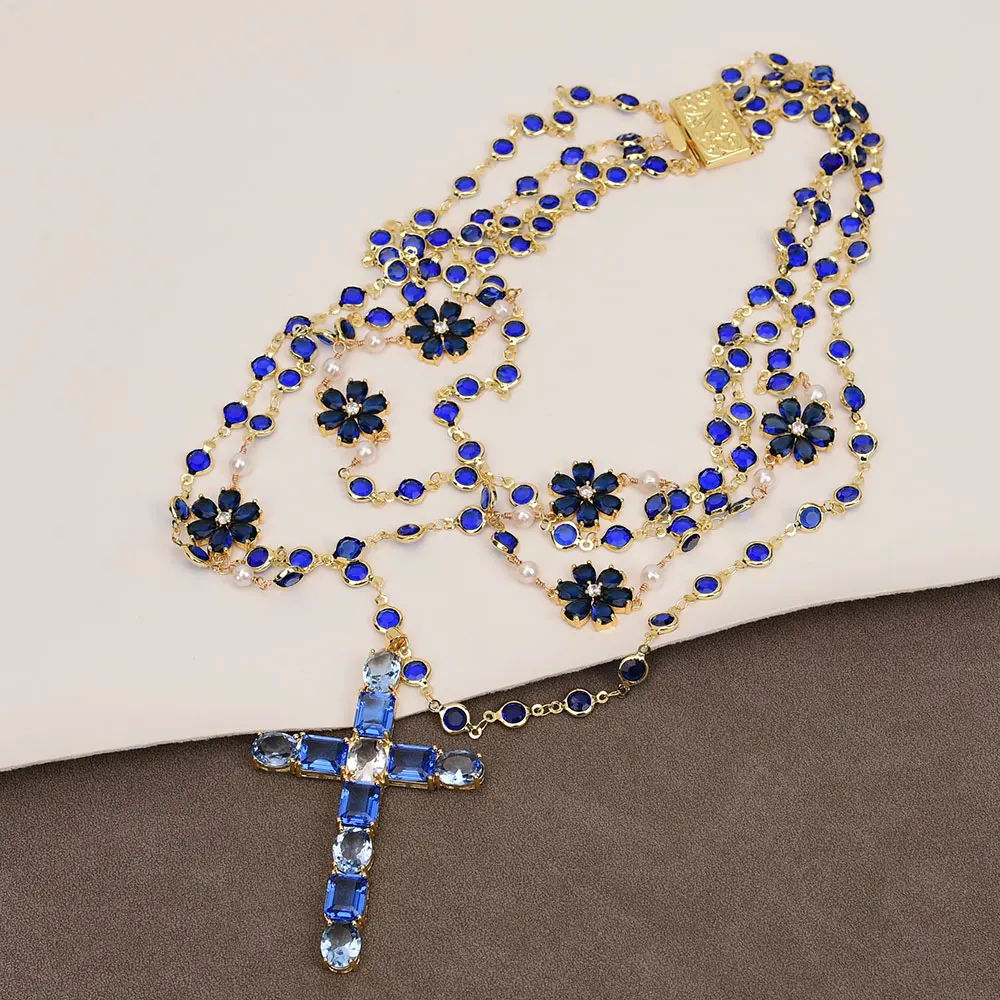 G-G 4 Strands White Pearl Blue Glass Coin Chain Handmade Necklace Holiday Fashion Jewelry
