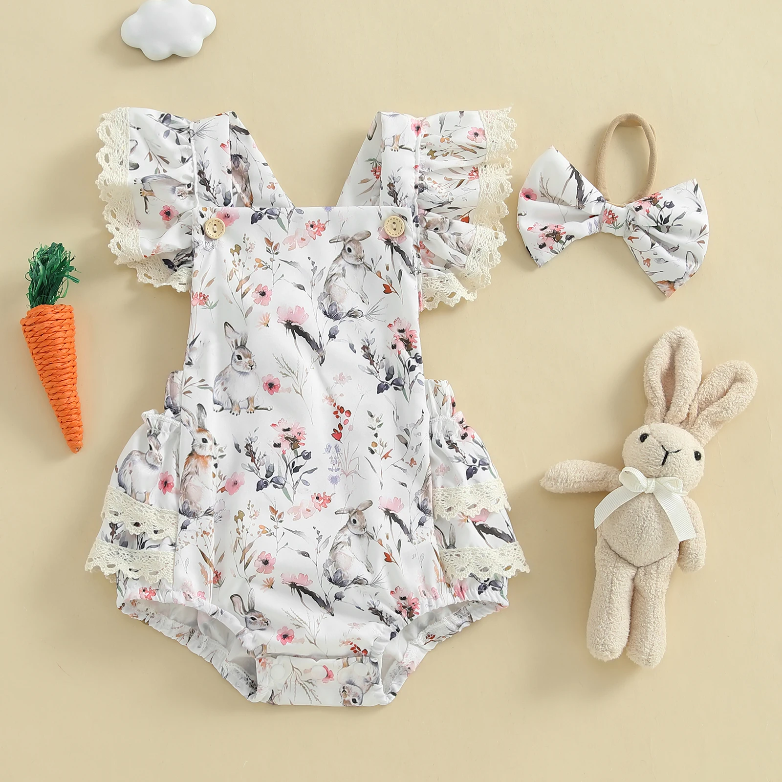 Baby Girls Easter Romper Outfits Flower Bunny Print Lace Trim Flying Sleeve Spring Romper Bow Headband